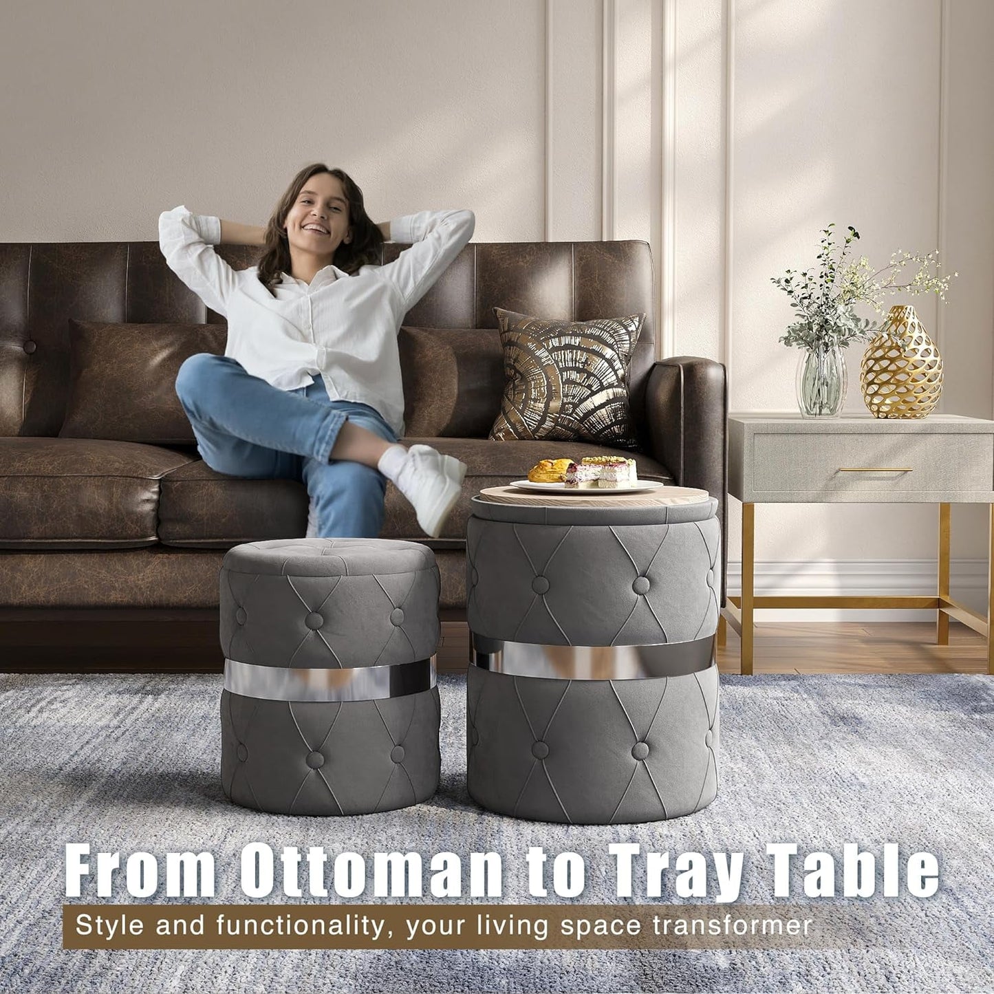 CozyHom Storage Ottoman Set of 2, Versatile Footrest Stool with Stainless Steel Base, Modern Round Vanity Stool Chair Foot Stools, Support 200lbs Padded Seat, for Living Room, Bedroom, Grey