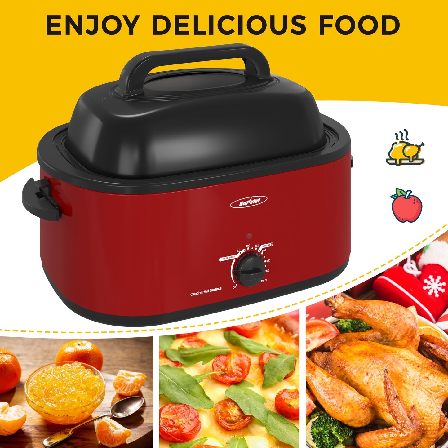 Sunvivi 22 Quart Electric Turkey Roaster Oven with Visible Glass Lid,Removable Pan & Rack, Stainless Steel,White