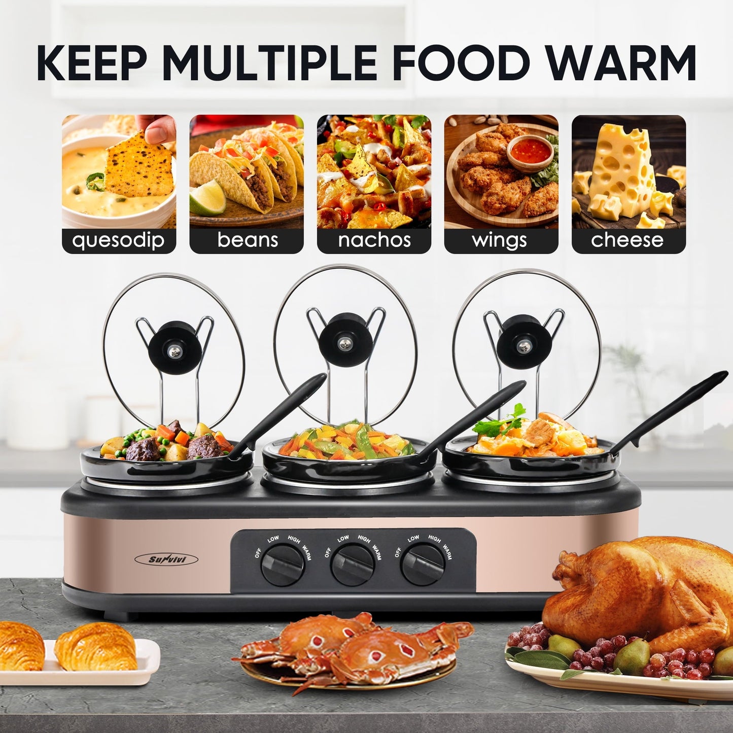 Triple Slow Cooker with 3 Spoons, 3 Pot 1.5 Quart Oval Crock Food Warmer Buffet Server, Stainless Steel