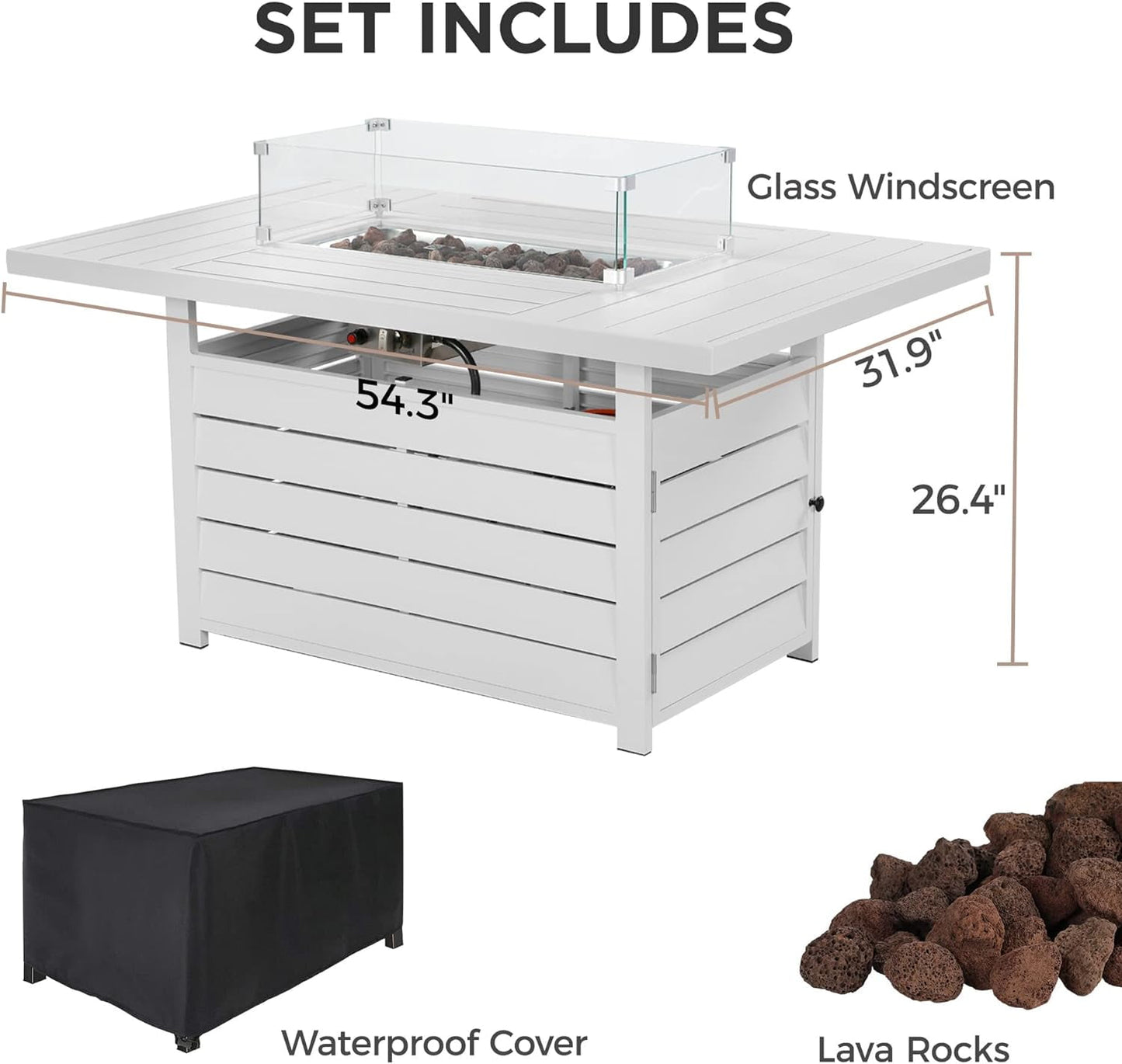 Superjoe 54.3" Patio Aluminum Fire Pit Table, 50000 BTU CSA Certified Propane Gas Outdoor Fire Table, Rectangular Fire Table w/Stainless Burner, Lava Rock, Waterproof Cover, White