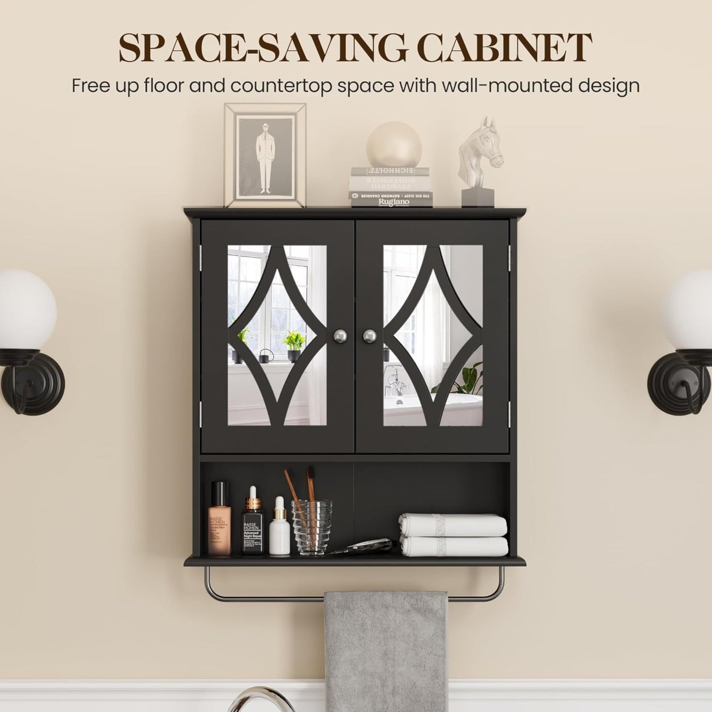 CozyHome Bathroom Medicine Cabinet with Mirror, Vanity Wall Mounted Storage Cabinet with Adjustable Shelves and Towel Bar, Hanging Wall Cabinet for Bathroom, Laundry, Living Room, Black