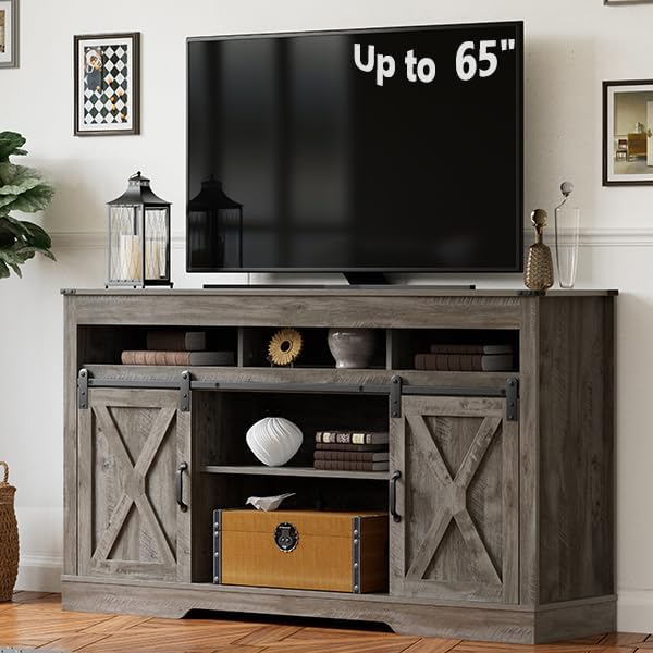 Royalcraft Farmhouse TV Stand for 65+ Inch TV, 34'' White Entertainment Center with Sliding Barn Doors,  Wood  Cabinet Television Stands