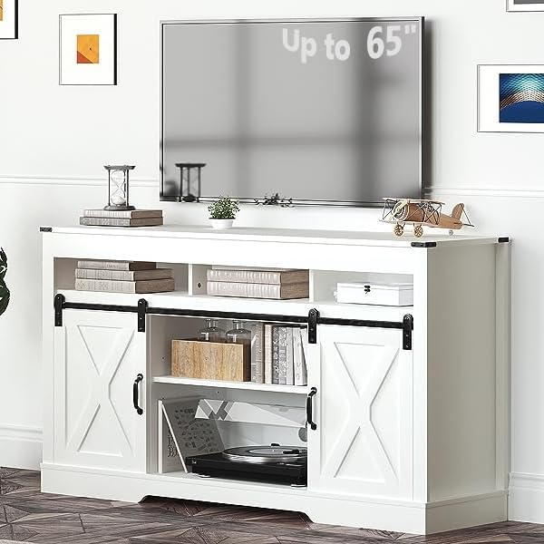 Royalcraft Farmhouse TV Stand for 65+ Inch TV, 34'' White Entertainment Center with Sliding Barn Doors,  Wood  Cabinet Television Stands
