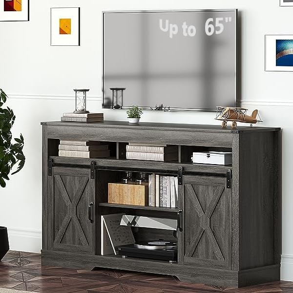 Royalcraft Farmhouse TV Stand for 65+ Inch TV, 34'' White Entertainment Center with Sliding Barn Doors,  Wood  Cabinet Television Stands