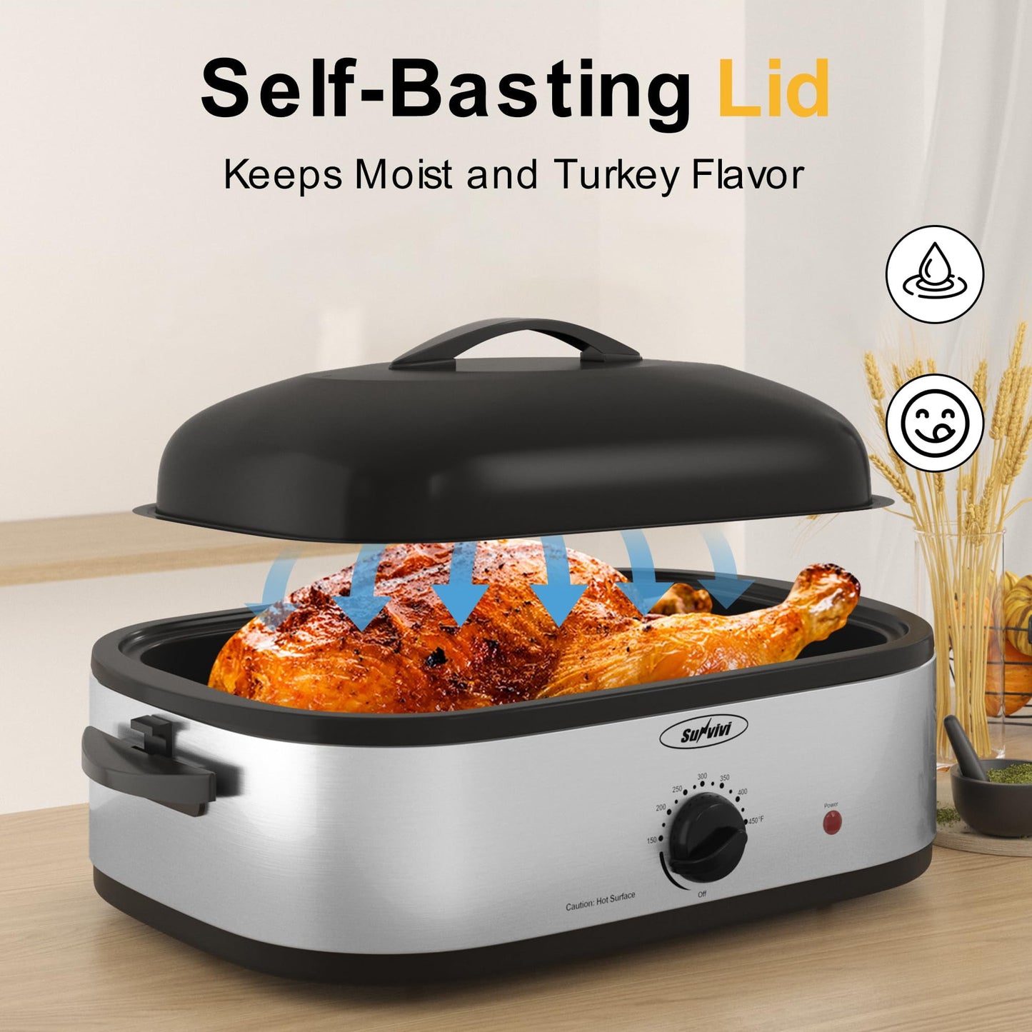 Superjoe 14-Quart Electric Roaster Oven with Self-Basting Lid, Turkey Roaster Oven with Rack, Stainless Steel, Silver