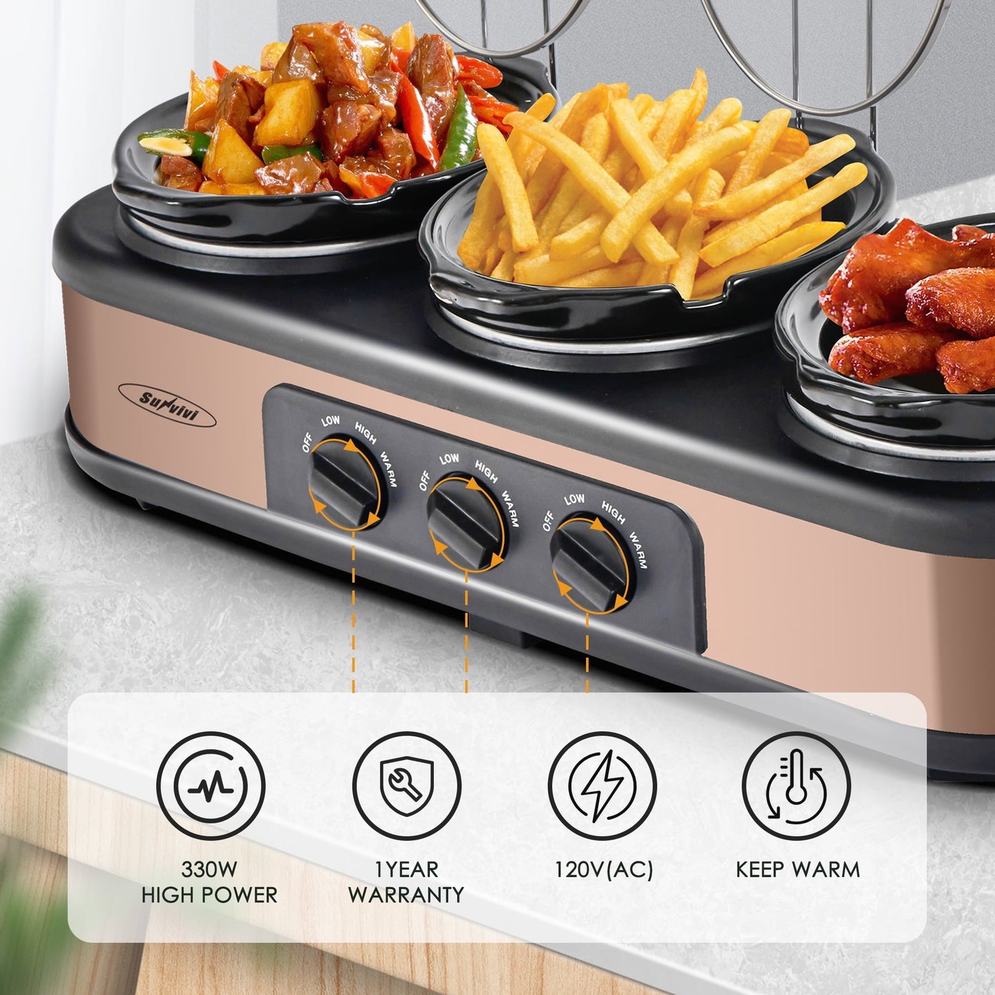 Triple Slow Cooker with 3 Spoons, 3 Pot 1.5 Quart Oval Crock Food Warmer Buffet Server, Stainless Steel