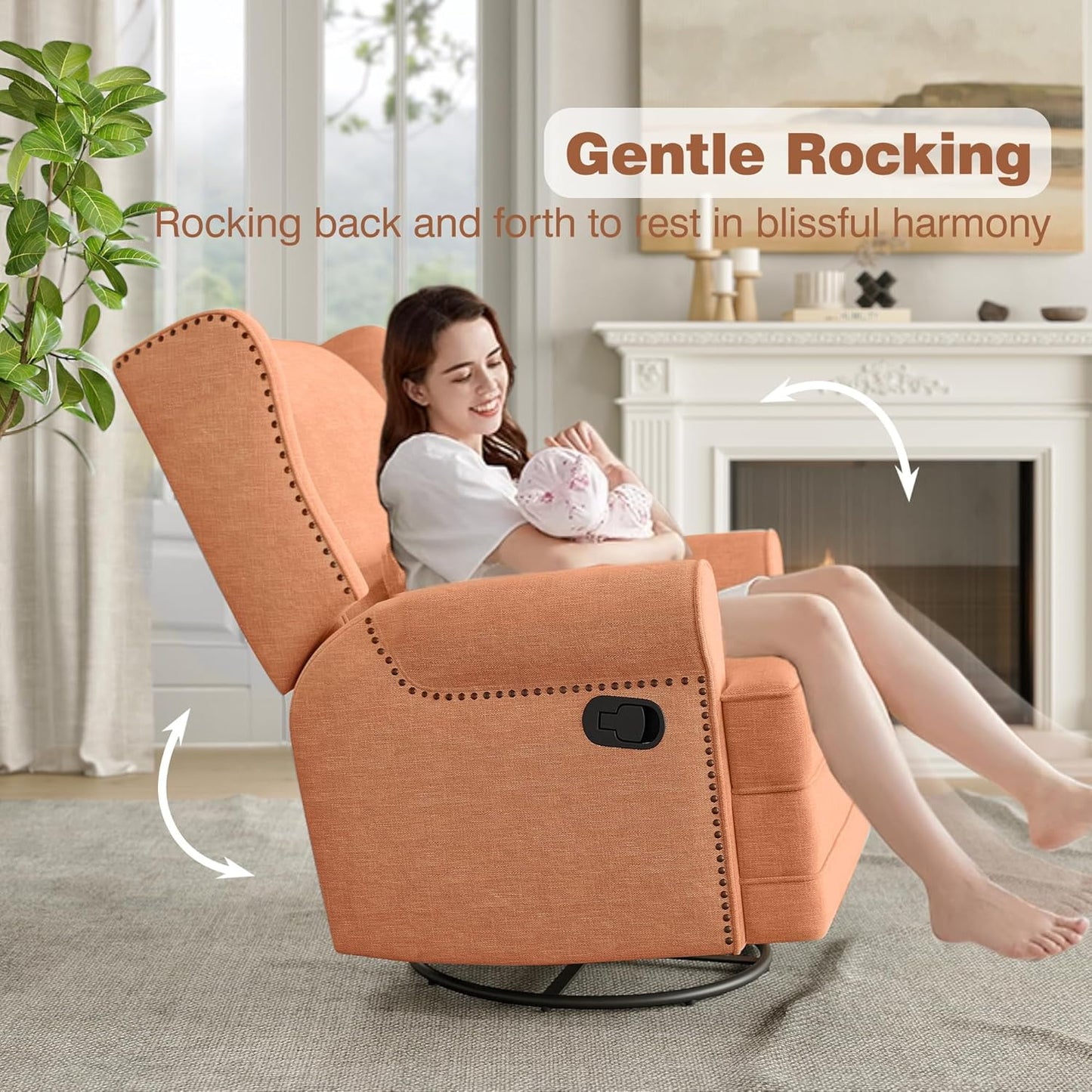 CozyHome Swivel Recliner Chair, Comfy Glider Rocking Chairs with Lumbar Pillow and Footrest, Upholstered Swivel Rocking Chair for Bedroom,Nursery, Orange