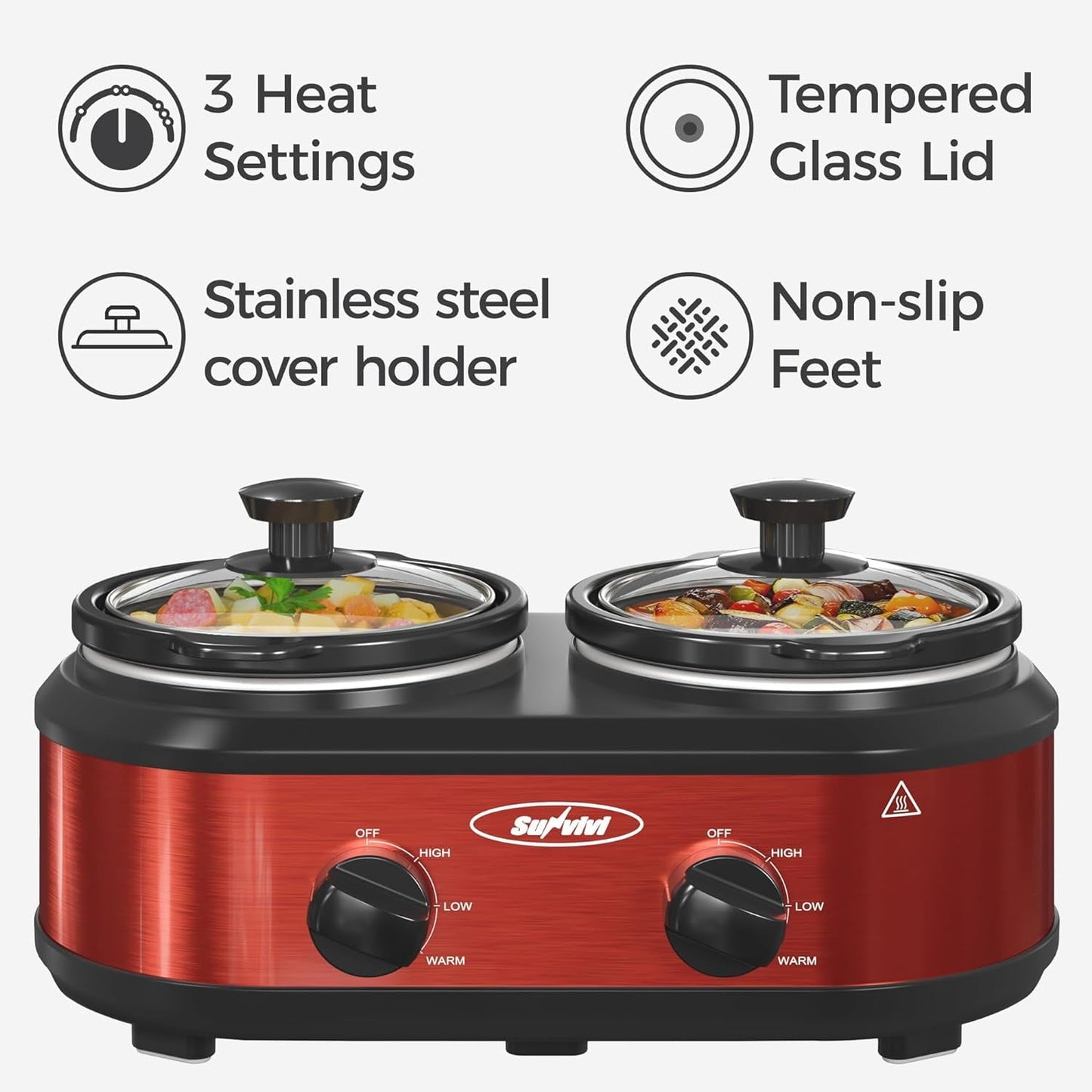 Triple Slow Cooker with 3 Spoons, 3 Pot 1.5 Quart Oval Crock Food Warmer Buffet Server, Stainless Steel