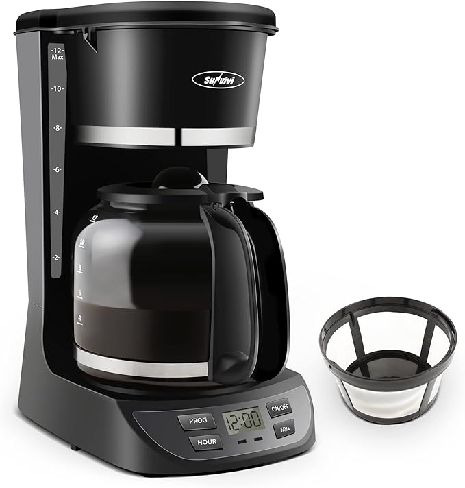 12 Cup Coffee Maker with Swing Out Basket, Programmable Coffee Maker Machine with Glass Carafe, Drip Coffee Pot with Permanent Filter, Keep Warm Function, Auto Pause & Serve, 900W, Black