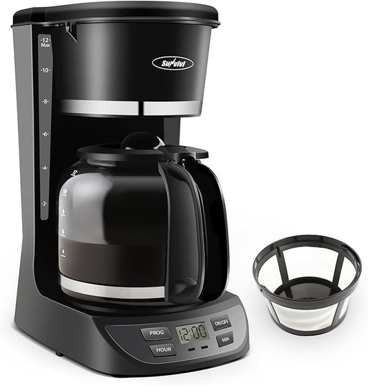 12 Cup Coffee Maker with Swing Out Basket, Programmable Coffee Maker Machine with Glass Carafe, Drip Coffee Pot with Permanent Filter, Keep Warm Function, Auto Pause & Serve, 900W, Black
