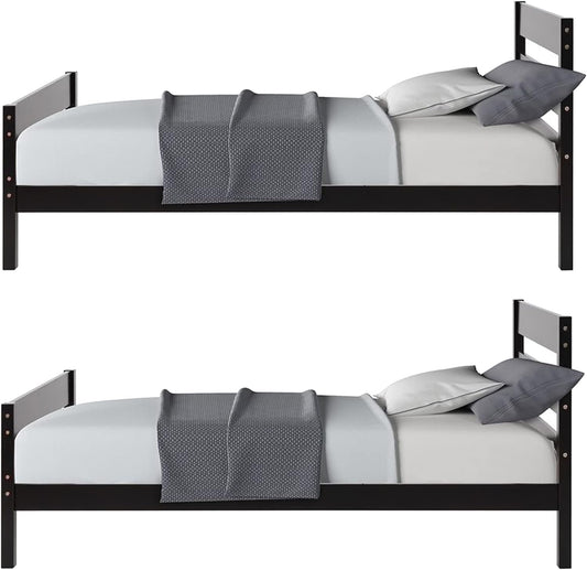 SunviviCollection Twin Bed Frame Set of 2, Wood Twin Size Bed for Boys&Girls, Modern Platform Bed Frames with Headboard&Footboard No Box Spring Needed, Dark Brown