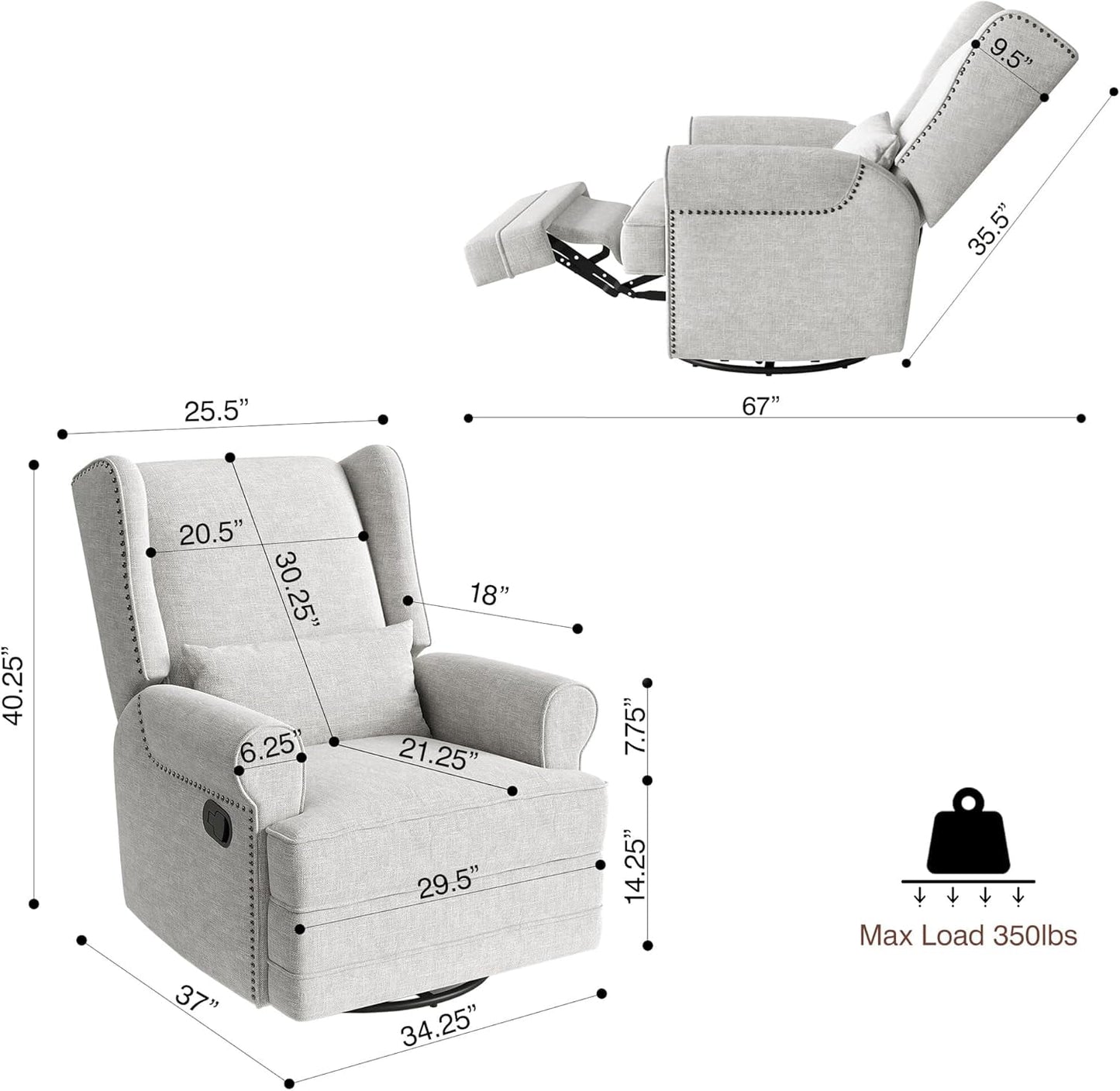 CozyHome Swivel Recliner Chair, Comfy Glider Rocking Chairs with Lumbar Pillow and Footrest, Upholstered Swivel Rocking Chair for Bedroom,Nursery, Grey