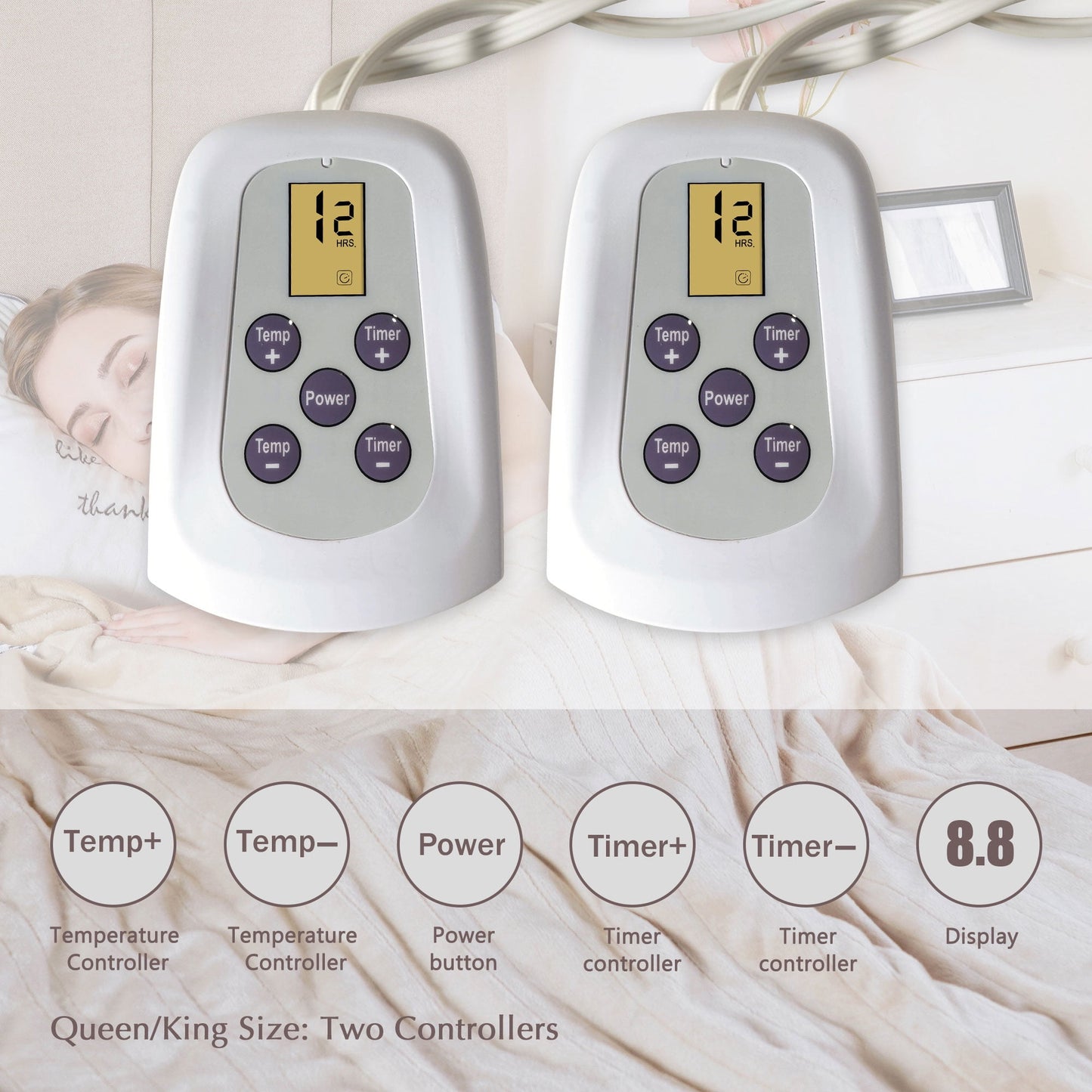 Superjoe Electric Blankets King Size 100'' x 90'' Heated Blankets with Dual Controllers, 10 Heat Settings Auto-off Timer Throw Blanket, Beige Warm Gifts