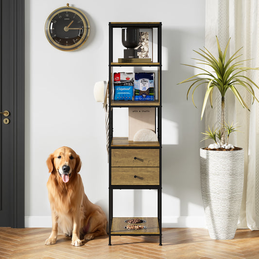 Industrial Bookshelf, Standing Display Shelf with 2 Dog Bowls, Metal and Wood Bookshelf, Dog Feeder Station with Shelves, Brown