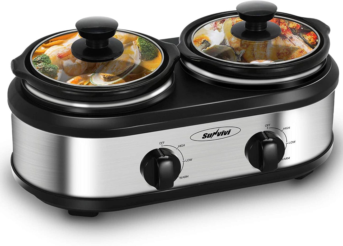 Triple Slow Cooker with 3 Spoons, 3 Pot 1.5 Quart Oval Crock Food Warmer Buffet Server, Stainless Steel