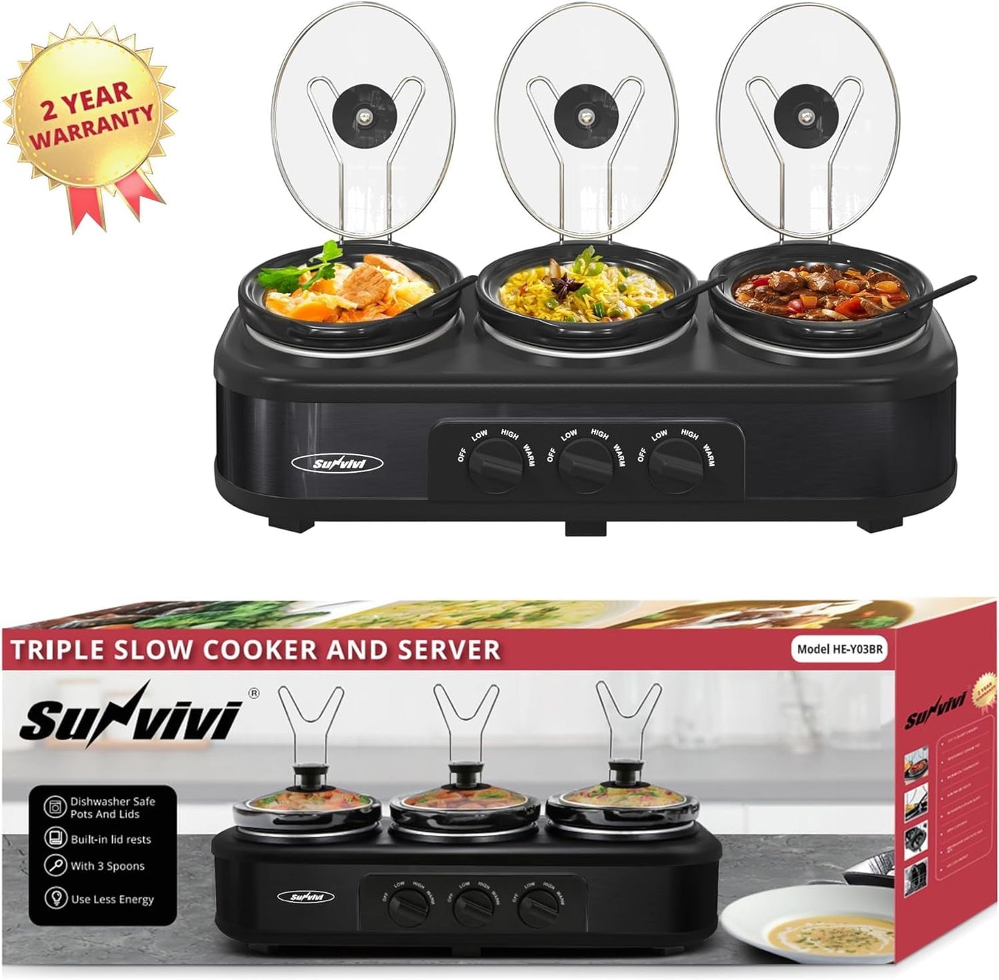 Triple Slow Cooker with 3 Spoons, 3 Pot 1.5 Quart Oval Crock Food Warmer Buffet Server, Stainless Steel