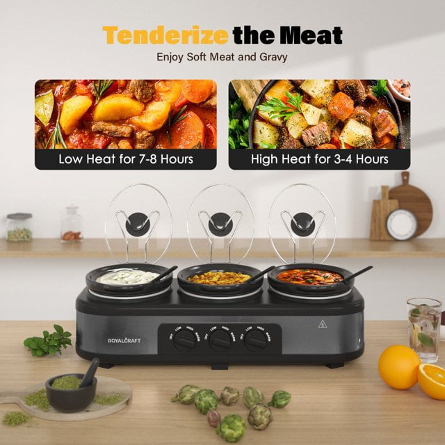 Triple Slow Cooker with 3 Spoons, 3 Pot 1.5 Quart Oval Crock Food Warmer Buffet Server, Stainless Steel