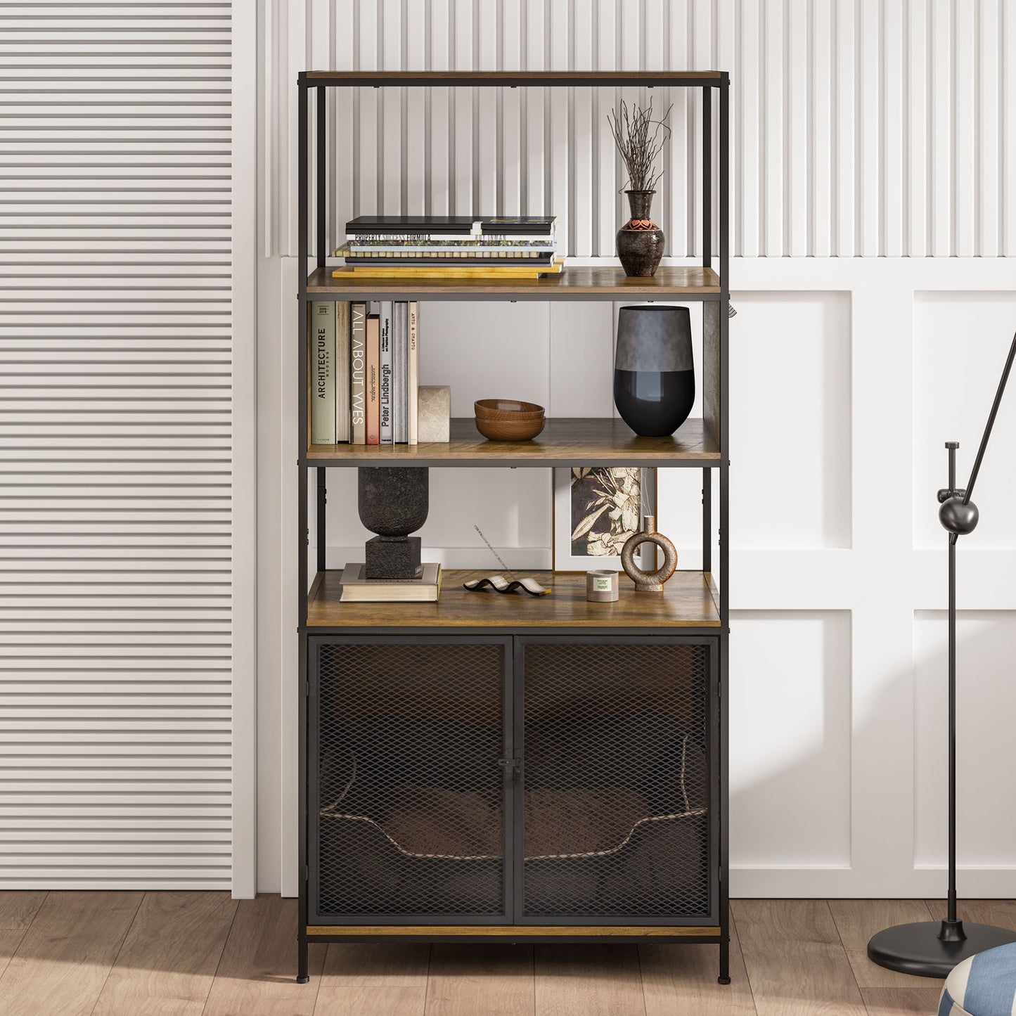 Dog Crate Furniture with Display Shelf, Decorative Dog Crate Industrial Bookshelf with Kennel, Furniture Style Dog Crate for Medium Dog, Cat Litter Box Furniture, Brown