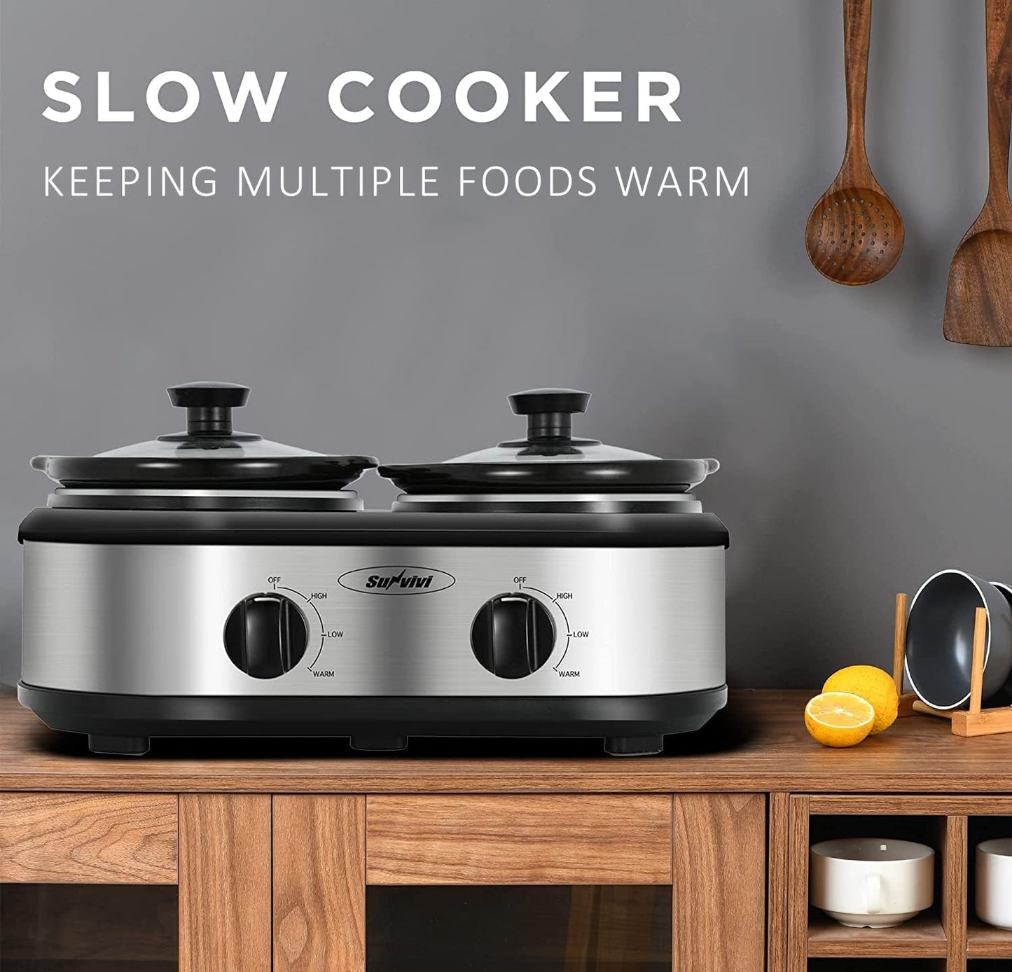 Sunvivi Dual Pot Slow Cooker, Small Mini Crock Buffet Server and Warmer, 2.5 Quarts