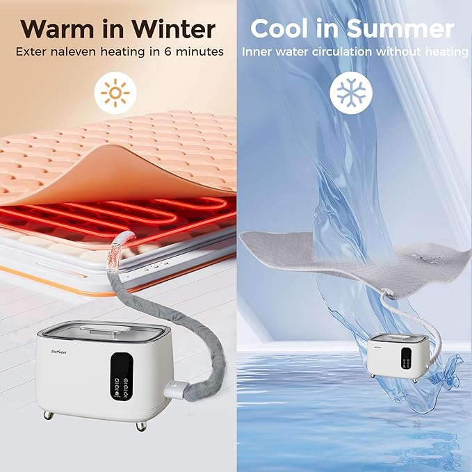 Sunvivi Water Heated Mattress Pad, 77" x 57" Heated Bed Warmer, Non-Electric Water Heating Mattress Topper with Remote Temperature Control and Large Tank, Machine Washable