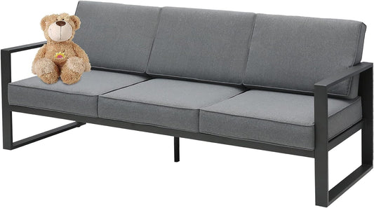 SunviviCollection Aluminum Patio Furniture Couch, Metal Contemporary 3-Seat Sofa Chair with Cushion and Waterproof Cover, Modern Grey