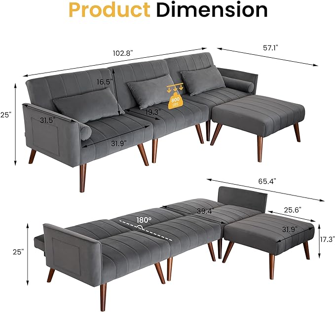 RoyalCraft Sleeper Sectional Sofa Bed£¬ L-Shaped Convertible Sofa with Reclining Backrest and Movable Ottoman£¬ Modern Velvet Fabric Couch for Living Room, Apartment