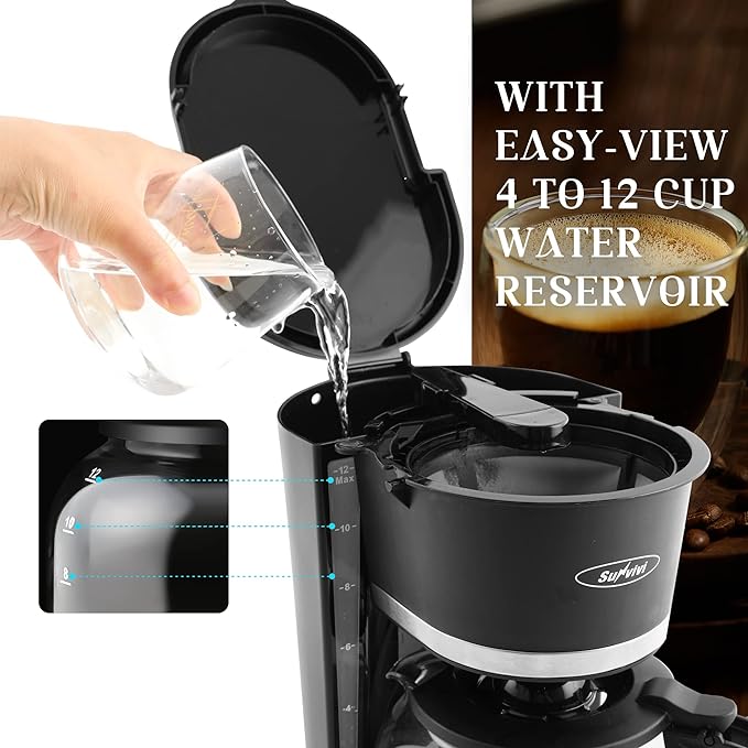 12 Cup Coffee Maker with Swing Out Basket, Programmable Coffee Maker Machine with Glass Carafe, Drip Coffee Pot with Permanent Filter, Keep Warm Function, Auto Pause & Serve, 900W, Black
