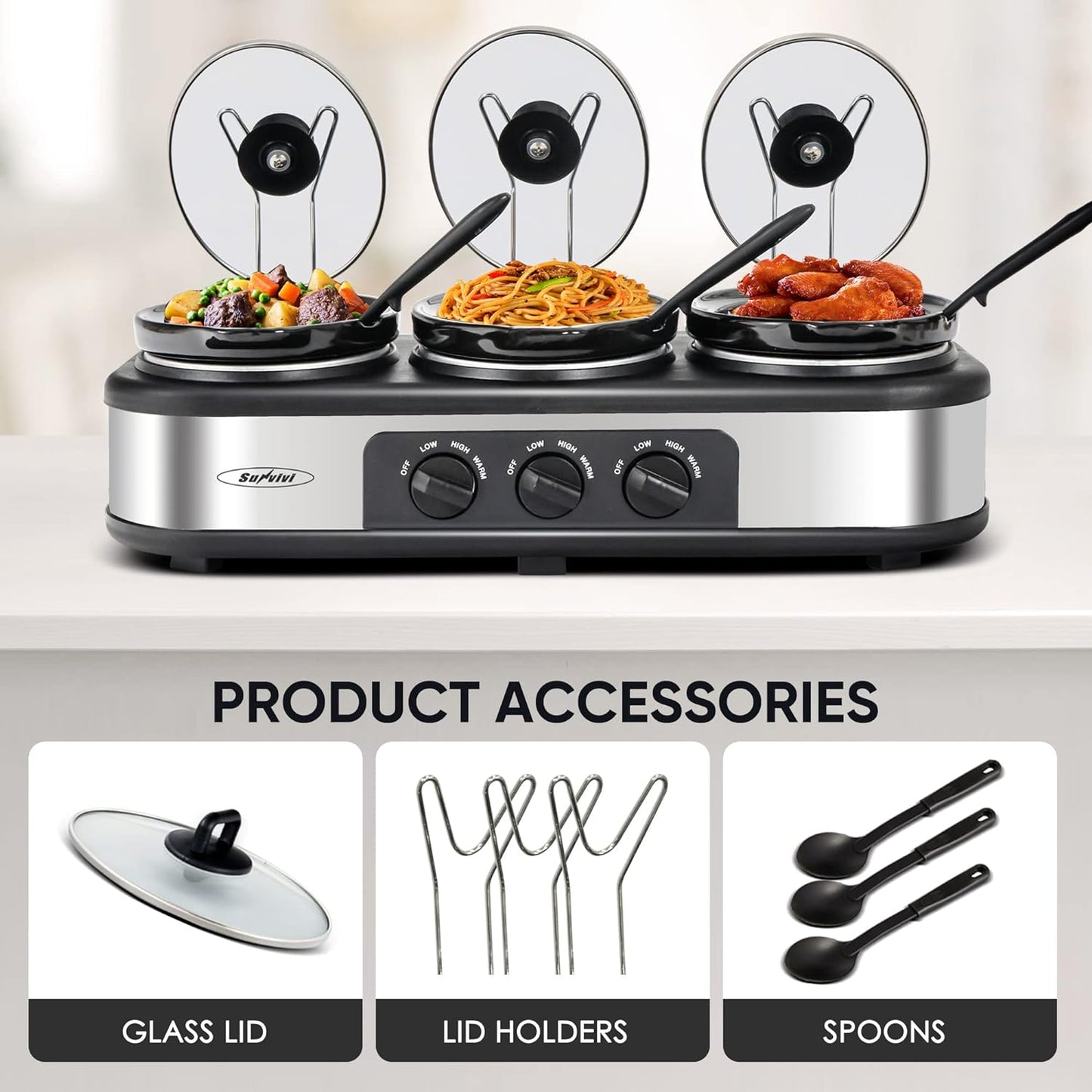 Triple Slow Cooker, Food Warmer Buffet Servers with 3 Spoons, Removable Lids & Spoon Rests, Perfect Gift for Christmas, for Parties, Entertaining & Holidays