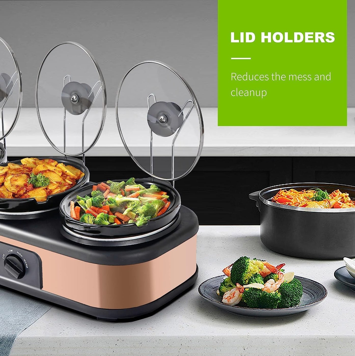 Triple Slow Cooker, Food Warmer Buffet Servers with 3 Spoons, Removable Lids & Spoon Rests, Perfect Gift for Christmas, for Parties, Entertaining & Holidays