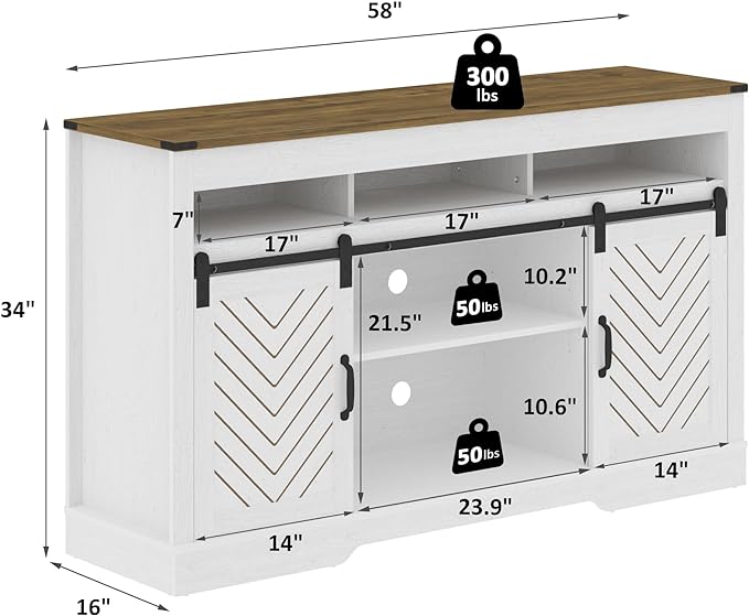Royalcraft Farmhouse TV Stand for 65+ Inch TV, 34'' White Entertainment Center with Sliding Barn Doors,  Wood  Cabinet Television Stands