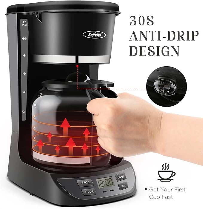 12 Cup Coffee Maker with Swing Out Basket, Programmable Coffee Maker Machine with Glass Carafe, Drip Coffee Pot with Permanent Filter, Keep Warm Function, Auto Pause & Serve, 900W, Black