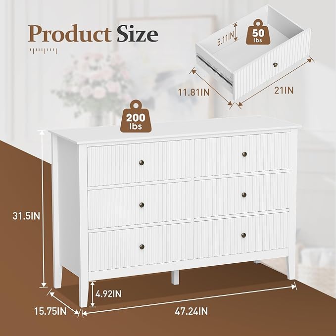 White 6 Drawer Dresser 47" Wide, Modern Wood Chest of Drawers, Double Silent Slide Drawers Storage Organizer Cabinet for Bedroom, Nursery, Living Room, Hallway