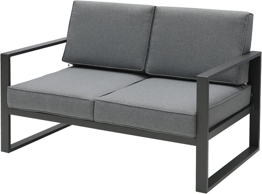SunviviCollection Aluminum Patio Furniture Loveseat, Metal Contemporary 2-Seat Sofa Chair with Cushion and Waterproof Cover, Modern Blue Outside Couch