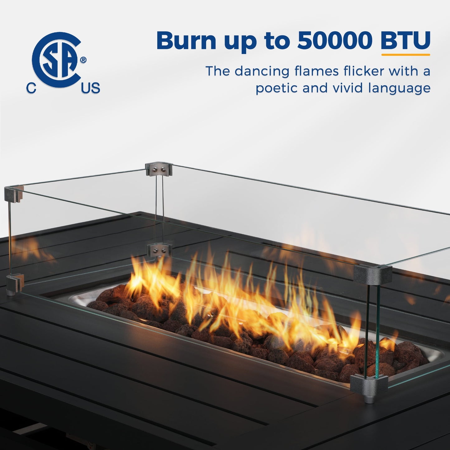 Superjoe 54.3" Patio Aluminum Fire Pit Table, 50000 BTU CSA Certified Propane Gas Outdoor Fire Table, Rectangular Fire Table w/Stainless Burner, Lava Rock, Waterproof Cover, Black