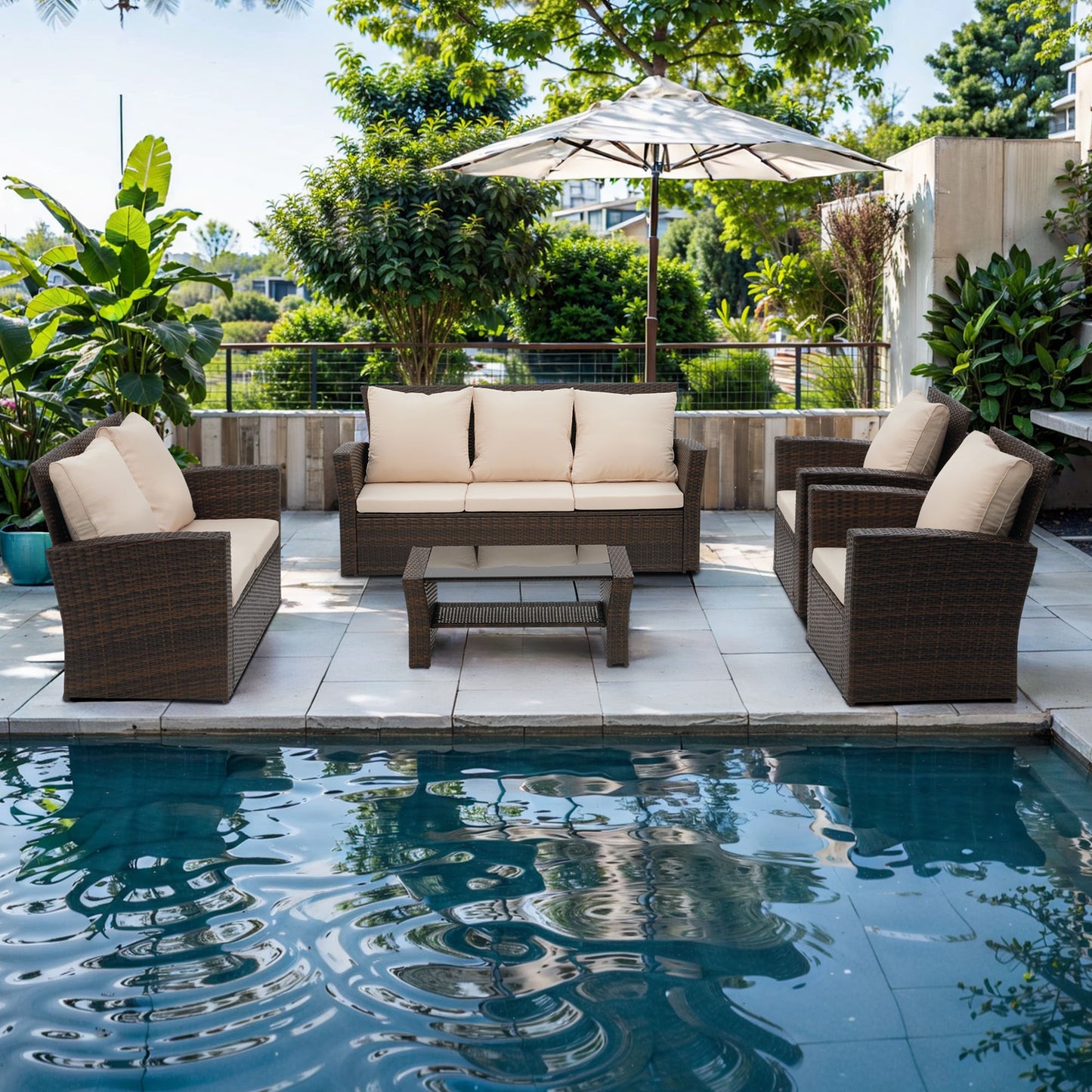 5 Piece Outdoor Patio Furniture Sets, Wicker Conversation Set for Porch Deck,Rattan Sofa Chair with Cushion