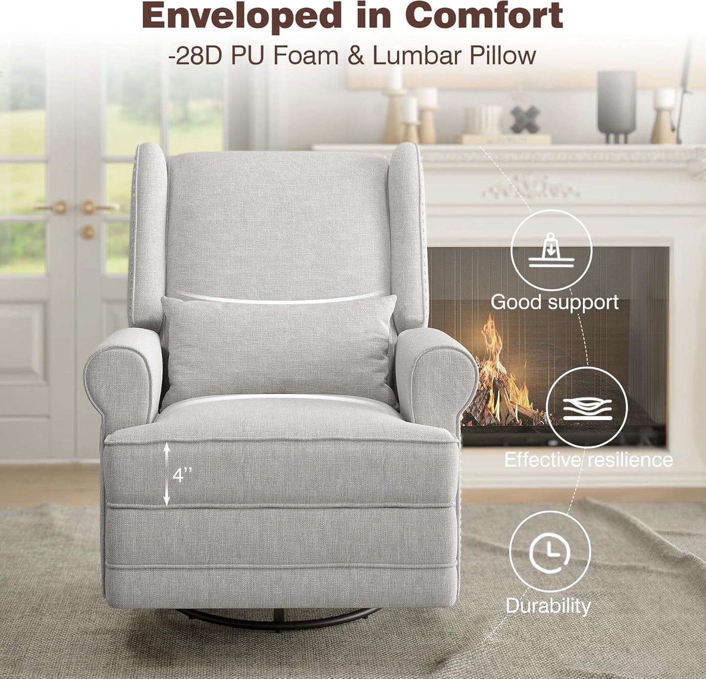 CozyHome Swivel Recliner Chair, Comfy Glider Rocking Chairs with Lumbar Pillow and Footrest, Upholstered Swivel Rocking Chair for Bedroom,Nursery, Grey