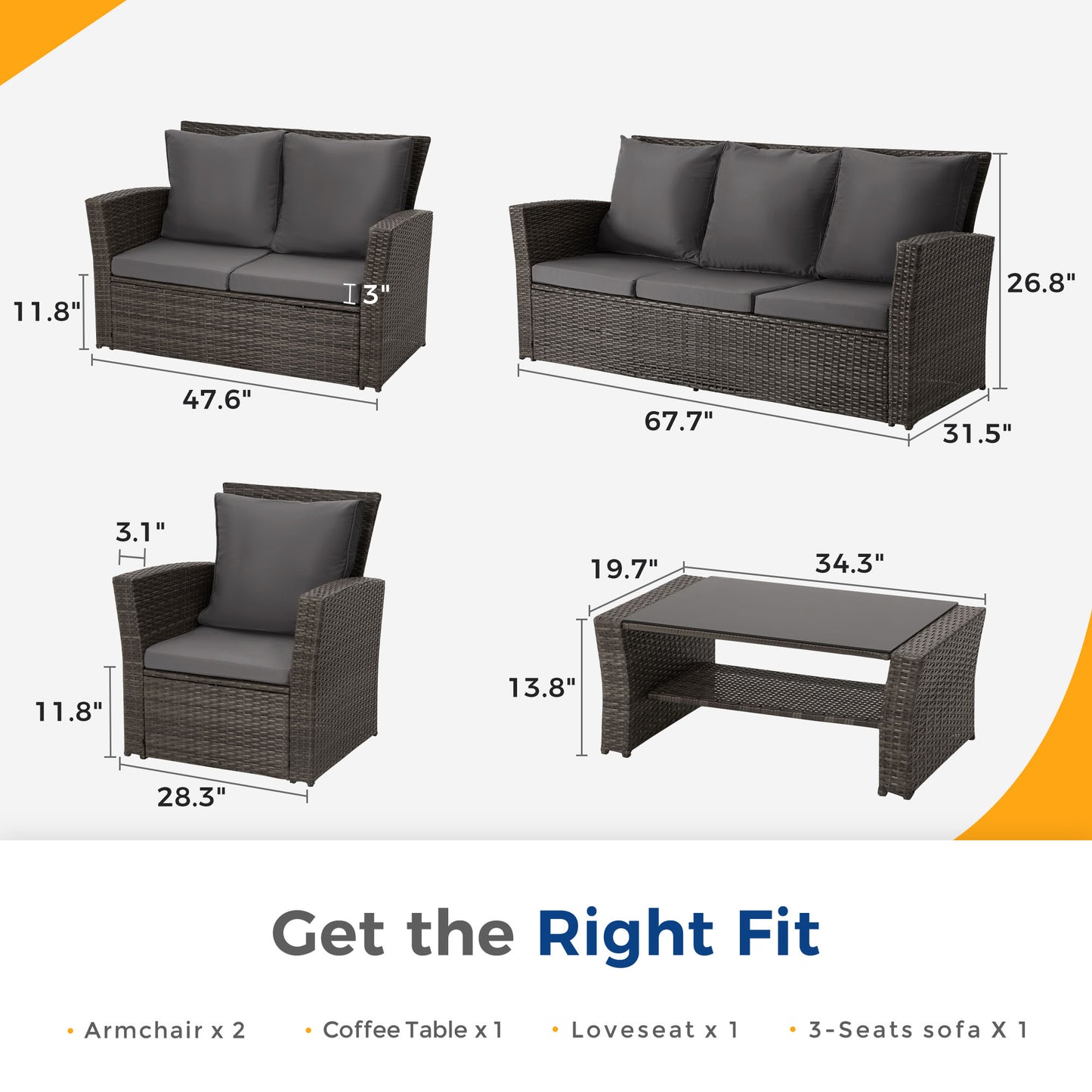 5 Piece Outdoor Patio Furniture Sets, Wicker Conversation Set for Porch Deck,Rattan Sofa Chair with Cushion