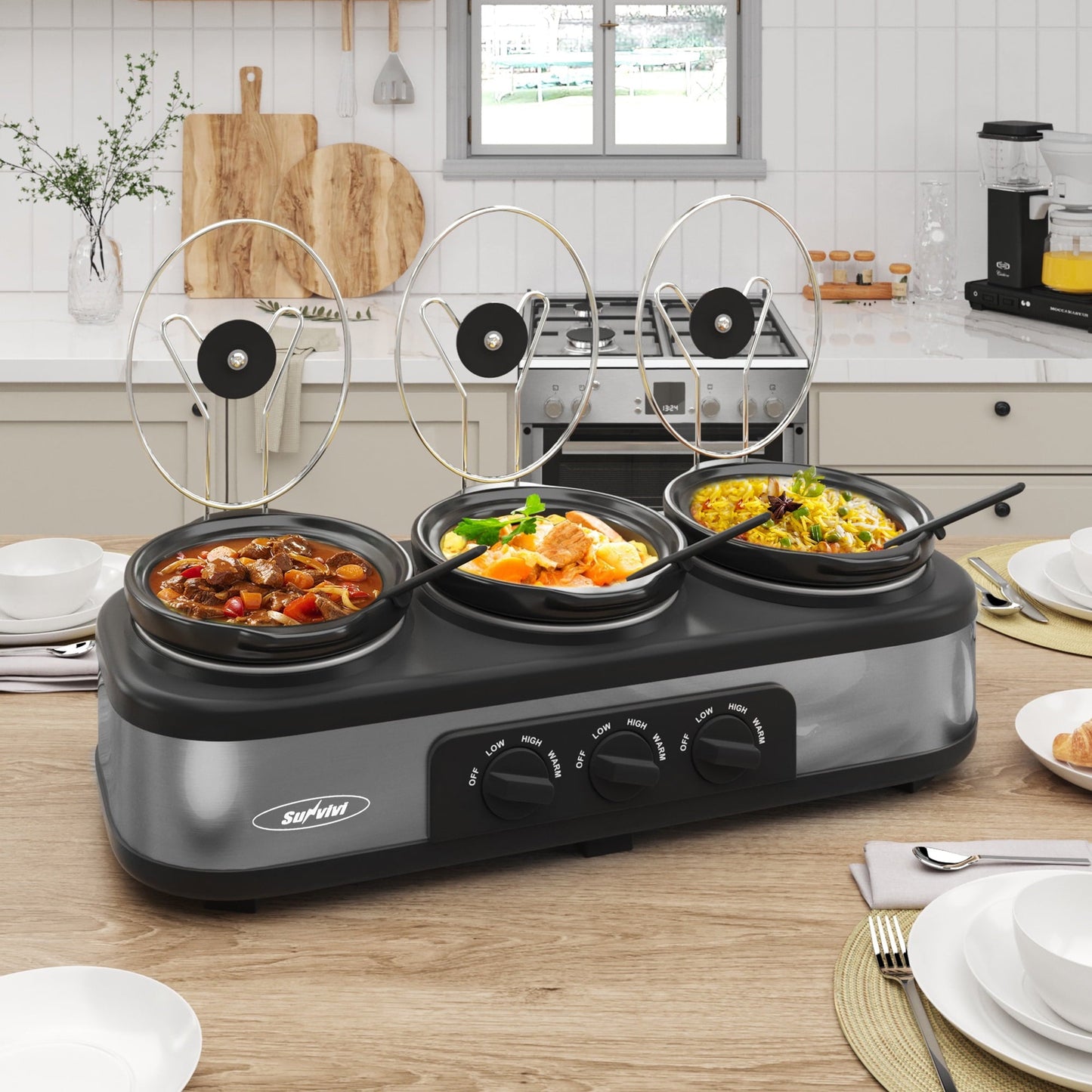 Triple Slow Cooker with 3 Spoons, 3 Pot 1.5 Quart Oval Crock Food Warmer Buffet Server, Stainless Steel
