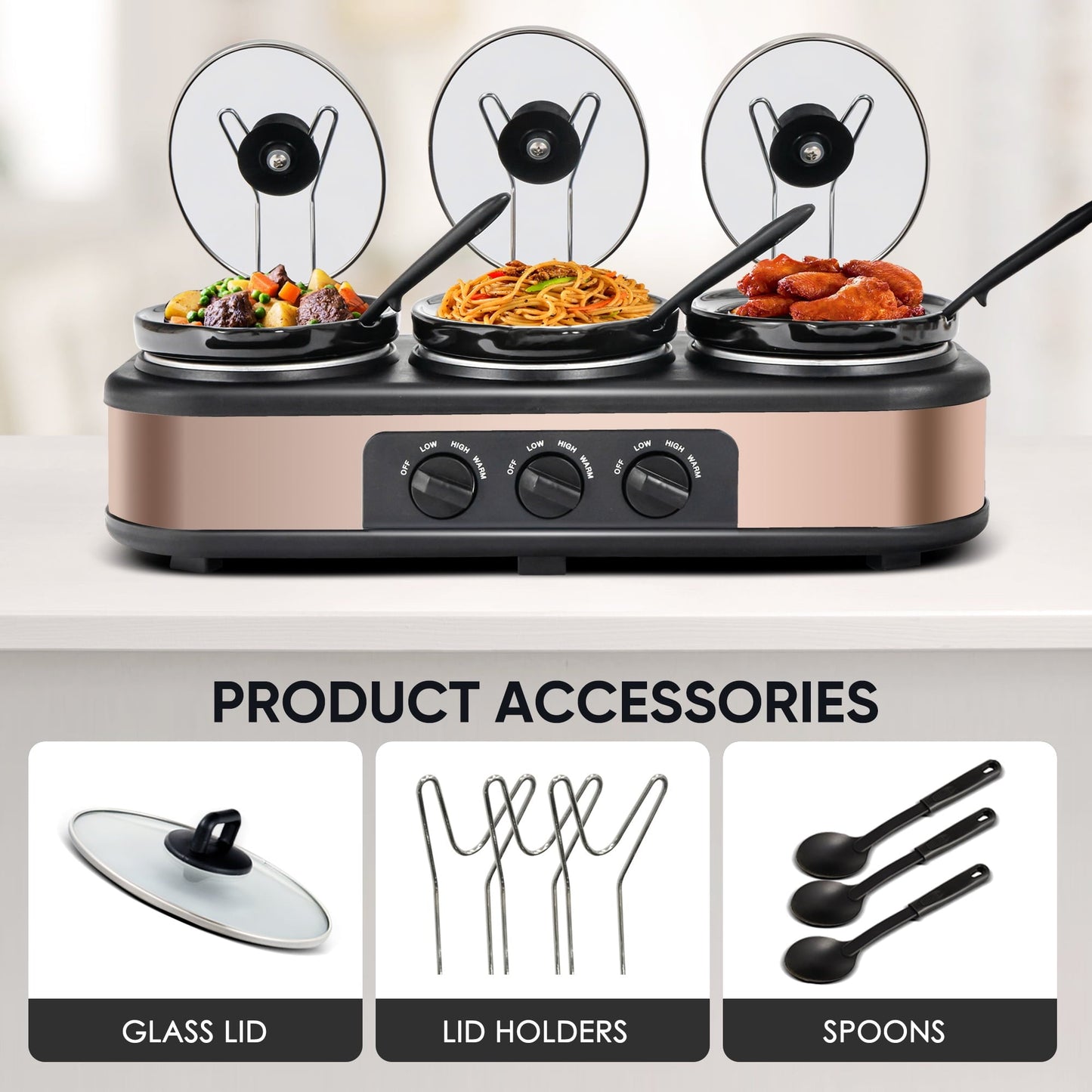 Triple Slow Cooker with 3 Spoons, 3 Pot 1.5 Quart Oval Crock Food Warmer Buffet Server, Stainless Steel