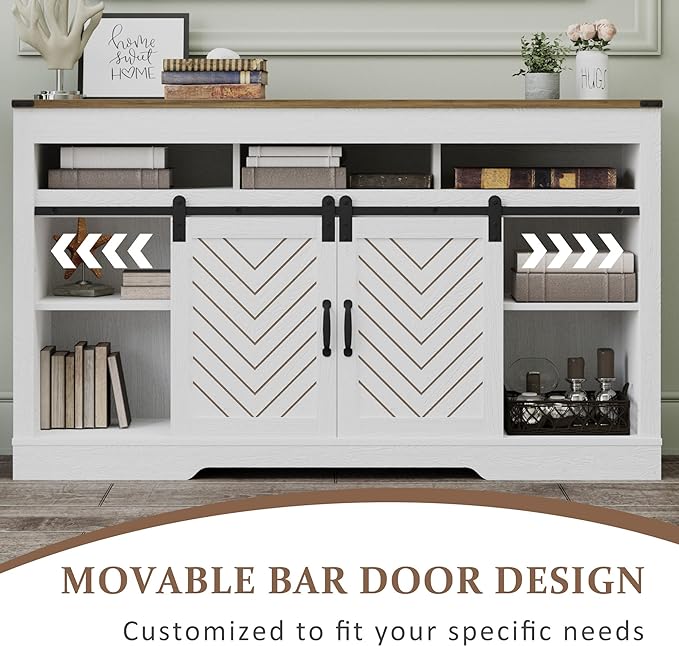 Royalcraft Farmhouse TV Stand for 65+ Inch TV, 34'' White Entertainment Center with Sliding Barn Doors,  Wood  Cabinet Television Stands