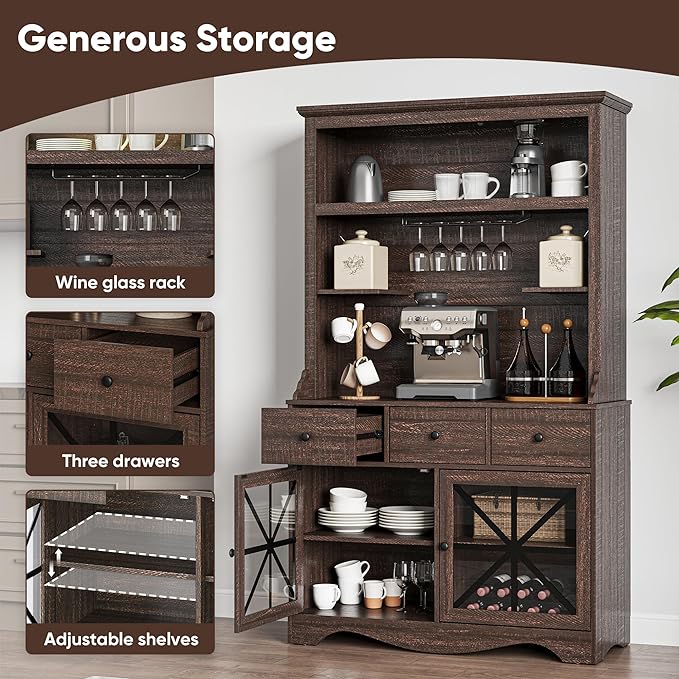 71'' Tall Farmhouse Bar Cabinet, Retro Buffet Cabinet with Charge Station & LED Lights, Liquor Cabinet Bar with Wine Bottle Rack for Kitchen, Living Room, Brown
