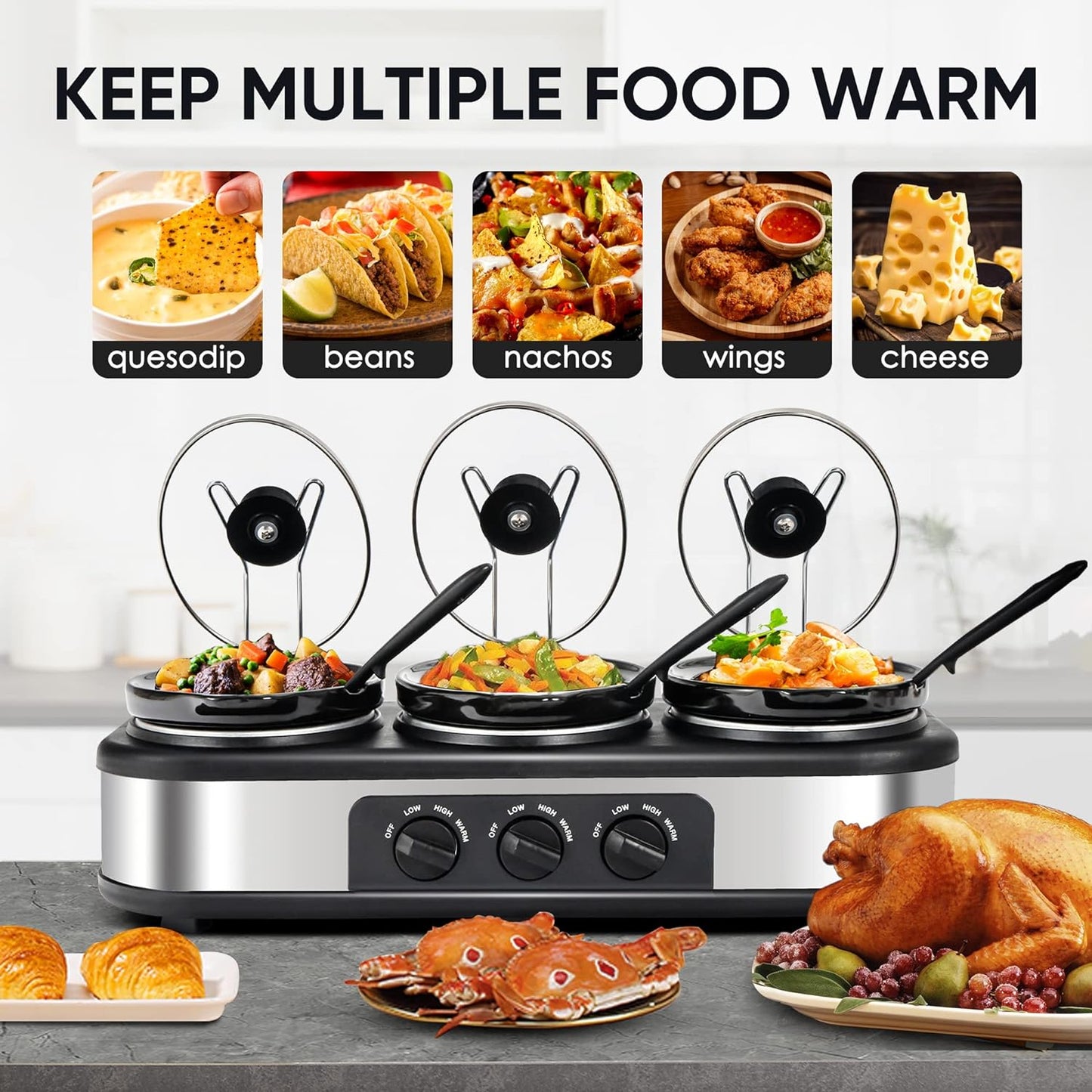 Triple Slow Cooker, Food Warmer Buffet Servers with 3 Spoons, Removable Lids & Spoon Rests, Perfect Gift for Christmas, for Parties, Entertaining & Holidays