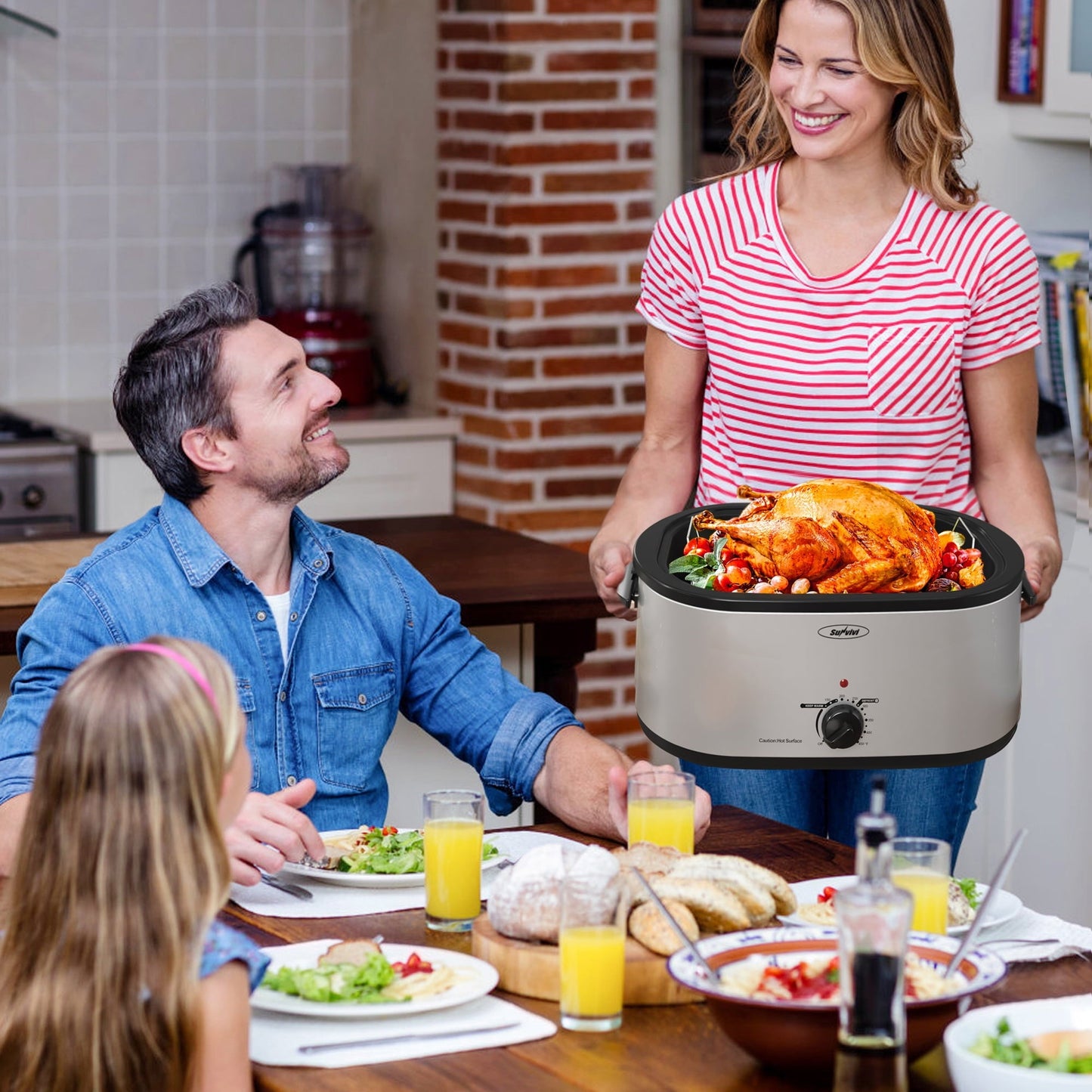 Sunvivi 22 Quart Electric Turkey Roaster Oven with Visible Glass Lid,Removable Pan & Rack, Stainless Steel,White