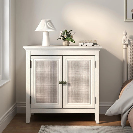 CozyHome Storage Cabinet, Kitchen Sideboard Cabinet with Rattan Decor Doors, Accent Buffet Cabinet with Adjustable Storage Shelf, Wood Cabinet Organizer for Hallway, Dining Room, Living Room, White