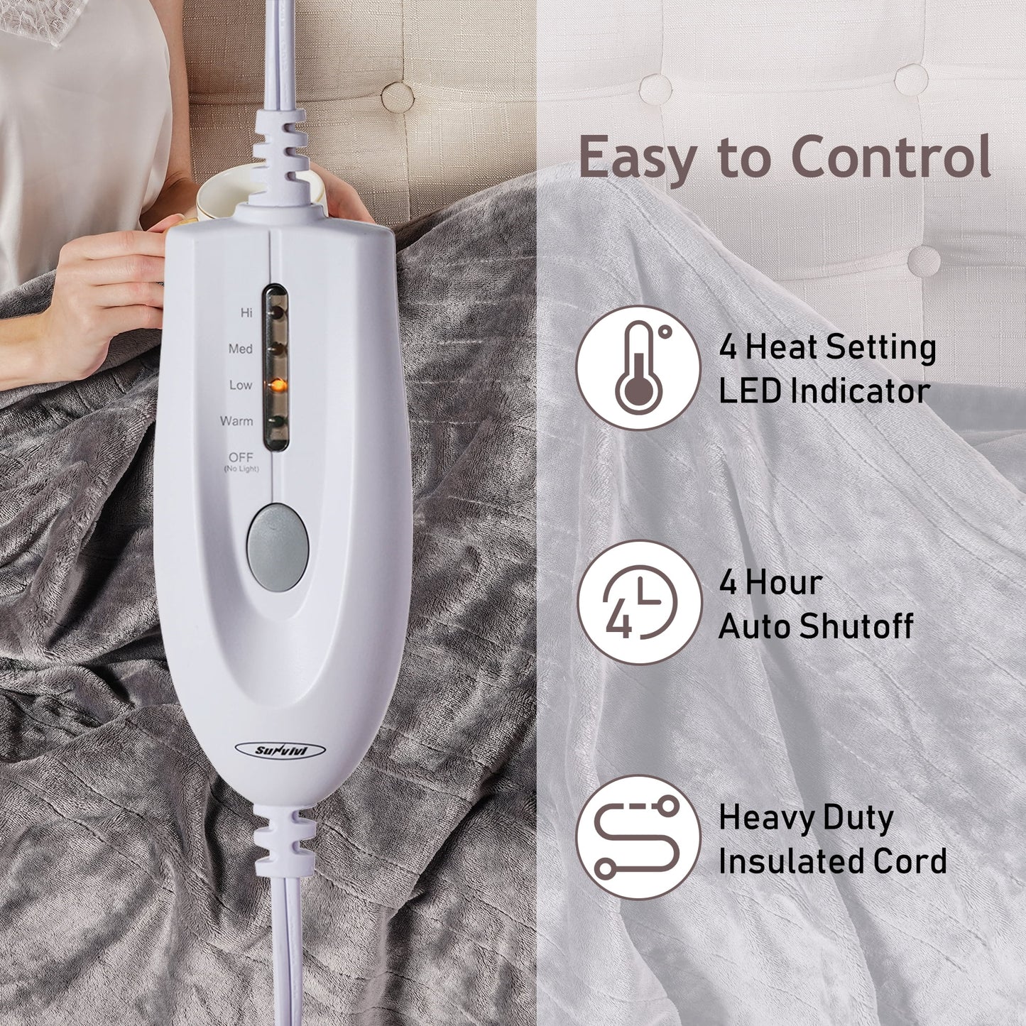 Superjoe Electric Heated Blanket, 60" x 50" Double-Layer Flannel, 4 Heat Settings and Auto-off, Holiday Gift for Family, Gray