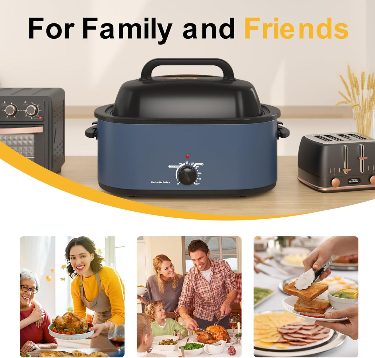 Superjoe 22 Quart Electric Roaster Oven with Visible & Self-Basting Lid, Large Turkey Roaster with Defrost Warm Function, Adjustable Temperature, Removable Pan Rack, Stainless Steel Blue