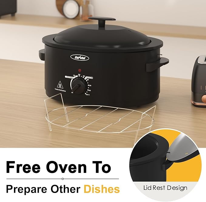 Superjoe 8-Quart Roaster Oven with Self-Basting Lid, Electric Turkey Roaster Oven with Removable Pan and Rack, Stainless Steel, Black