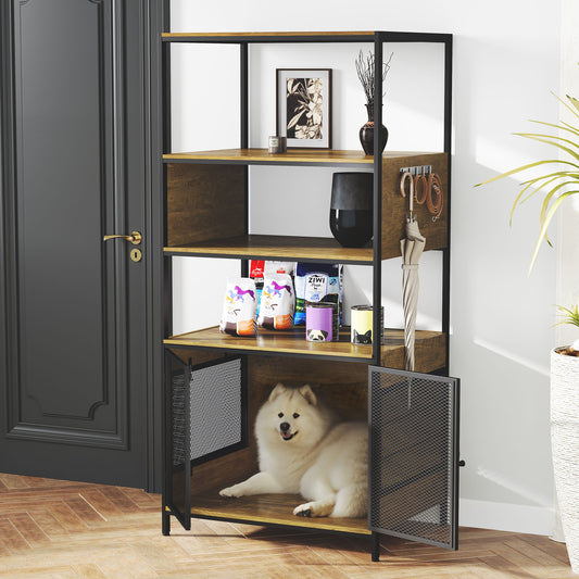 Dog Crate Furniture with Display Shelf, Decorative Dog Crate Industrial Bookshelf with Kennel, Furniture Style Dog Crate for Medium Dog, Cat Litter Box Furniture, Brown