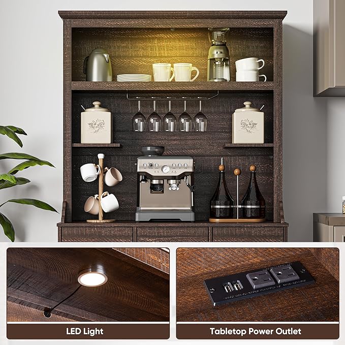 71'' Tall Farmhouse Bar Cabinet, Retro Buffet Cabinet with Charge Station & LED Lights, Liquor Cabinet Bar with Wine Bottle Rack for Kitchen, Living Room, Brown