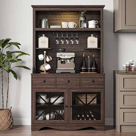 71'' Tall Farmhouse Bar Cabinet, Retro Buffet Cabinet with Charge Station & LED Lights, Liquor Cabinet Bar with Wine Bottle Rack for Kitchen, Living Room, Brown